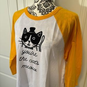 BOBS for Skechers "you're the cat's meow" graphic yellow-sleeved t-shirt…